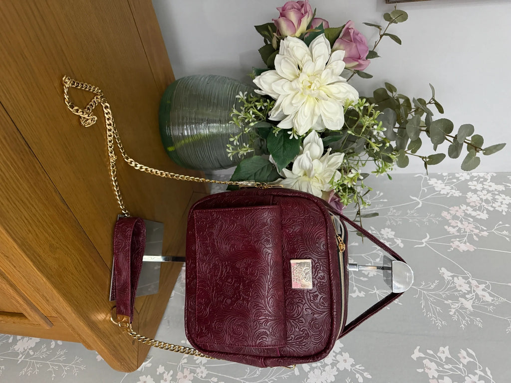 The Sue Sue Sling Bag - Burgundy Embossed Vinyl