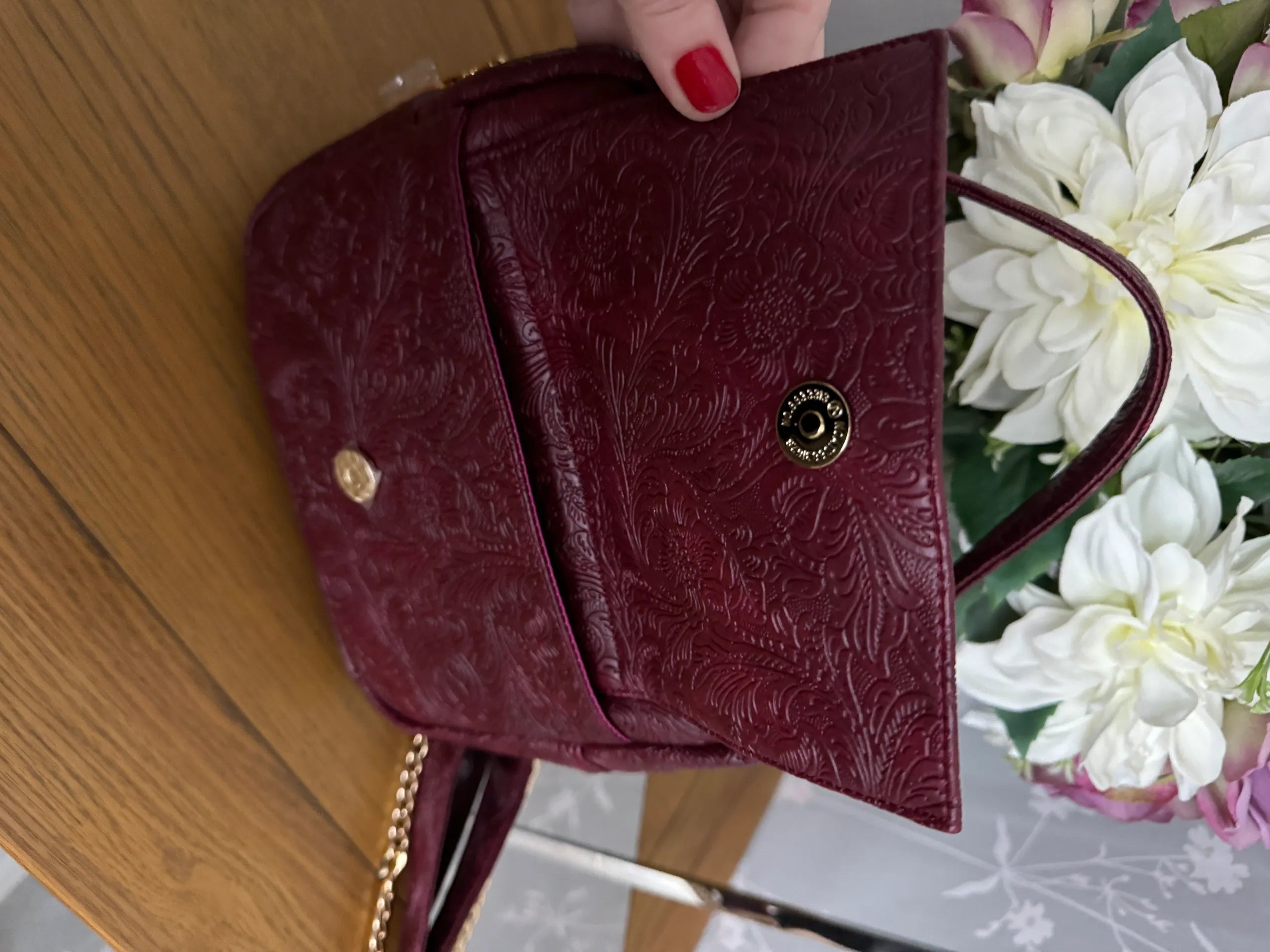 The Sue Sue Sling Bag - Burgundy Embossed Vinyl